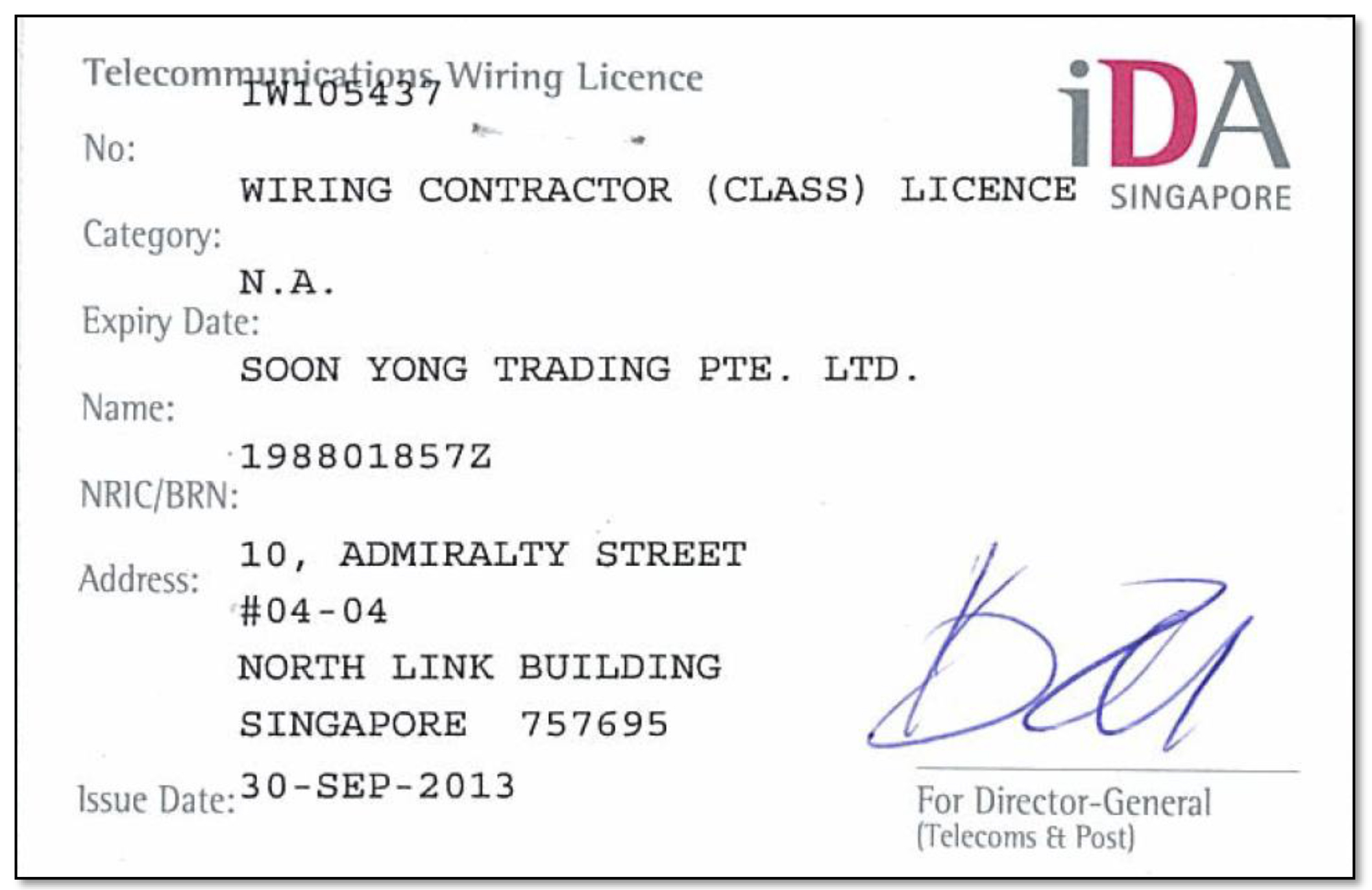 IDA-WIRING CONTRACTOR (CLASS) LICENCE SINGAPORE - ISSUE 30.09